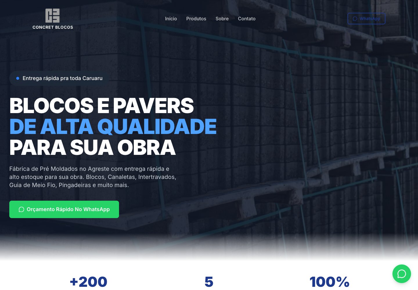 Site da Concret Blocos com catálogo de produtos